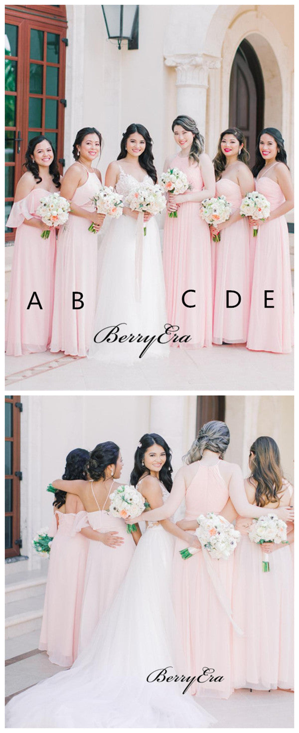 Pink Color Mismatched Bridesmaid Dresses, Chiffon Wedding Guest Dresses