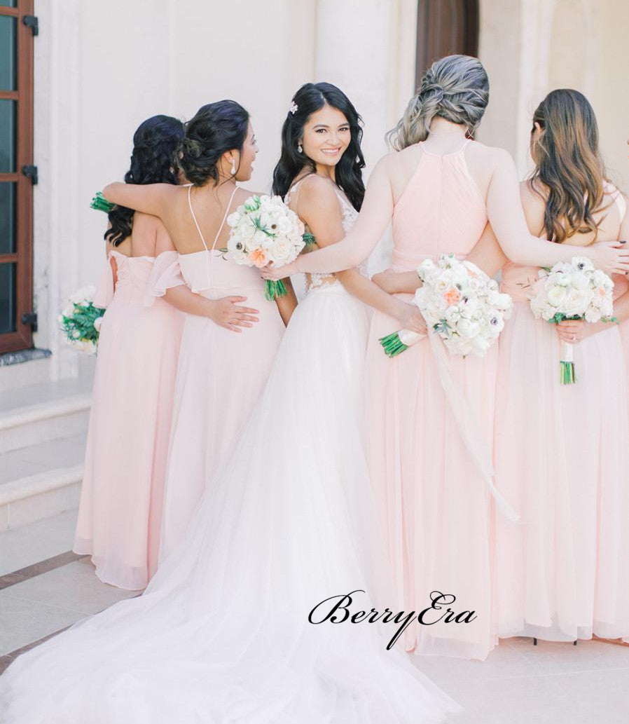 Pink Color Mismatched Bridesmaid Dresses, Chiffon Wedding Guest Dresses