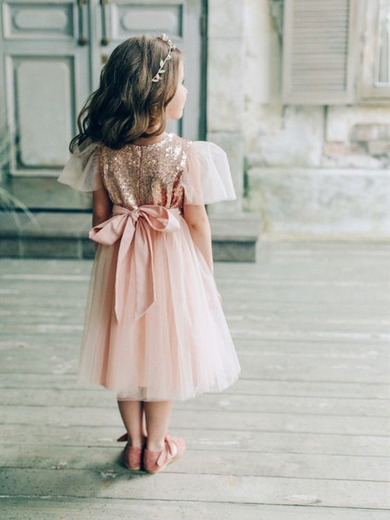 Round Neck Sequin Tulle Flower Girl Dresses, Cute Little Girl Dresses, Blush Flower Girl Dresses