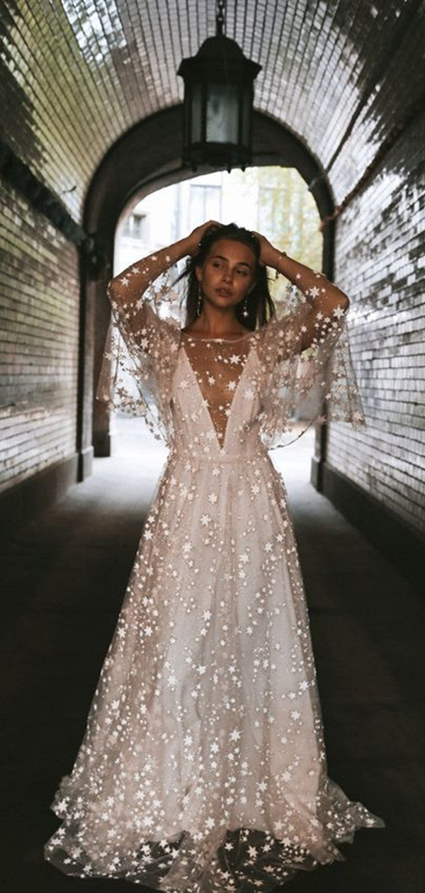 star design dress Deep V Neck Stars Design Wedding Dresses, Beach Wedding Dresses, Newes Berryera