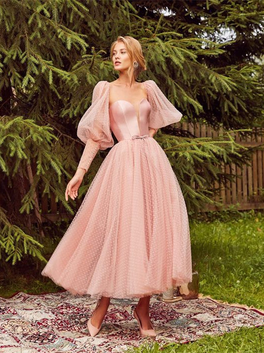 Gorgeous Pink Tulle Satin Teal Length Prom Dresses, 2021 Prom Dresses, Berryera Gorgeous Pink Tulle Satin Teal Length Prom Dresses, 2021 Prom Dresses, Berryera