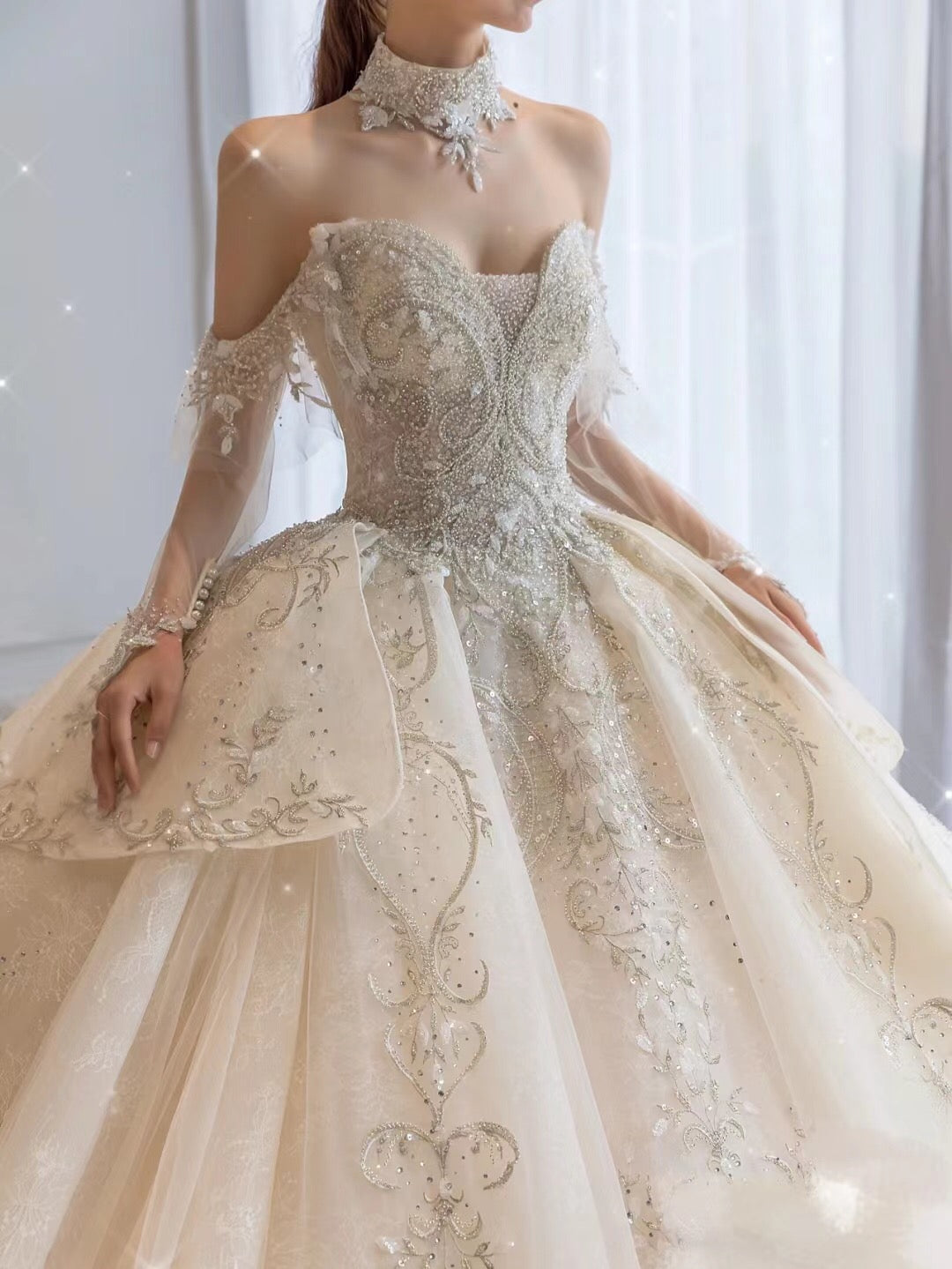 Luxury Quality Beaded Wedding Dresses, Off Shoulder Lace A-line Bridal Gowns