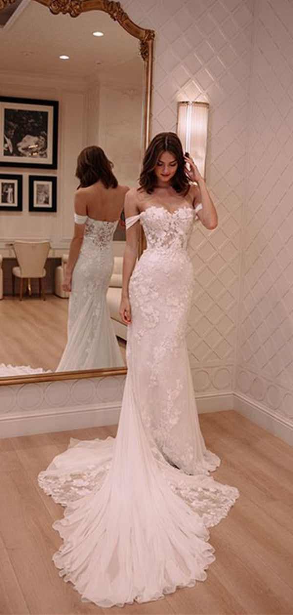Elegant Off Shouler Long Wedding Dresses, 2020 Lace Popular Wedding Dresses