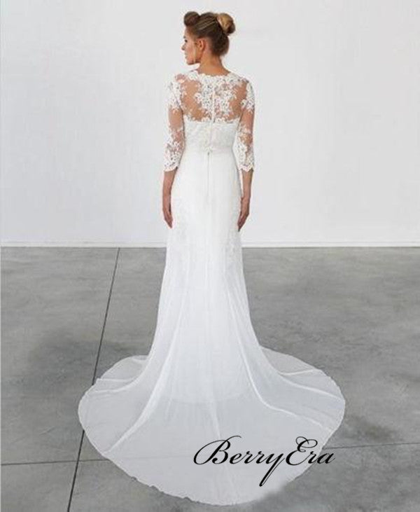 Unique Lace 3/4 Sleeve White Long Wedding Dresses，Formal Cheap Beach Bridal Gowns