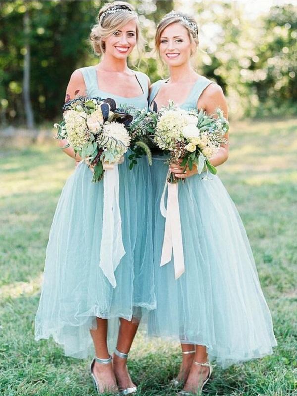Mint Tea Length Tulle Bridesmaid Dresses, Simple A-line Wedding Guest Dresses