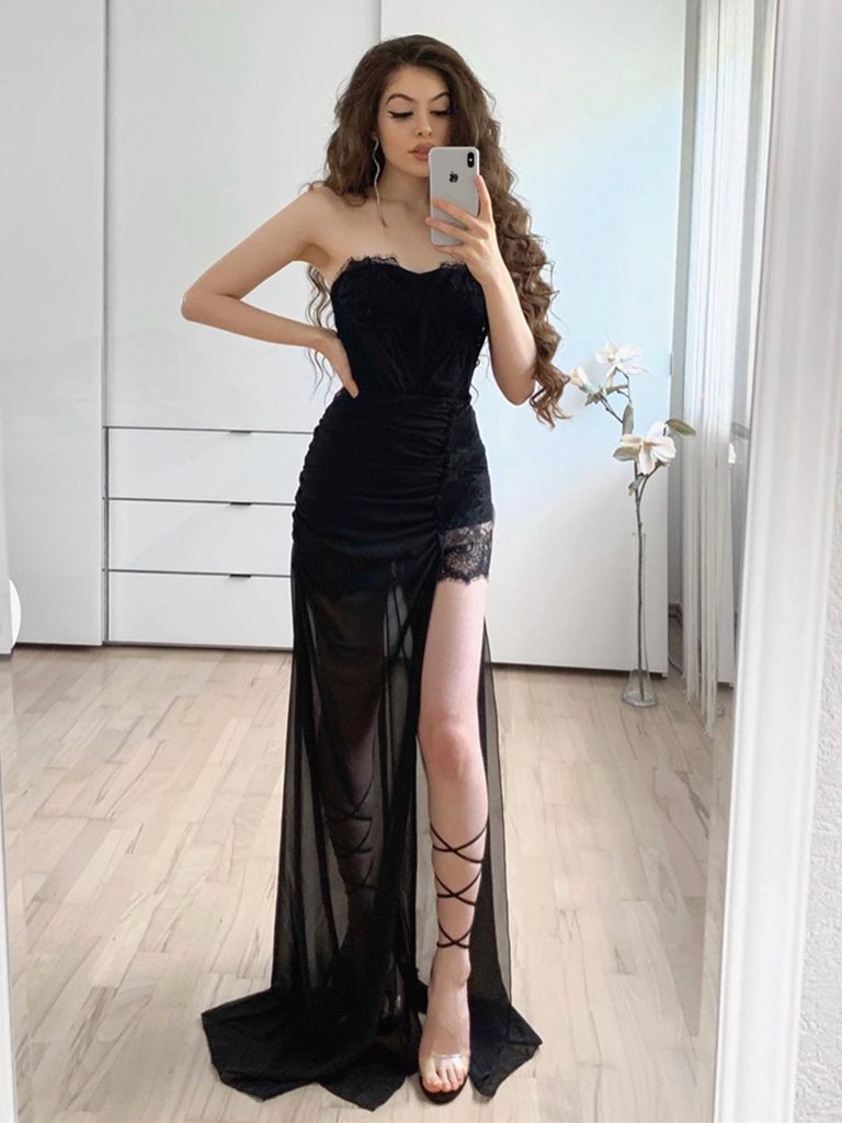 Black Strapless Lace Long Prom Dresses 2022, Lace Formal Bridesmaid Dresses