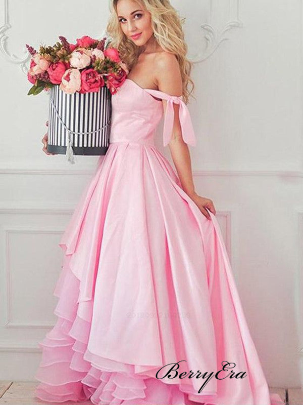 Off Shouler Pink A-line Prom Dresses, Unique Fluffy Design Long Prom Dresses