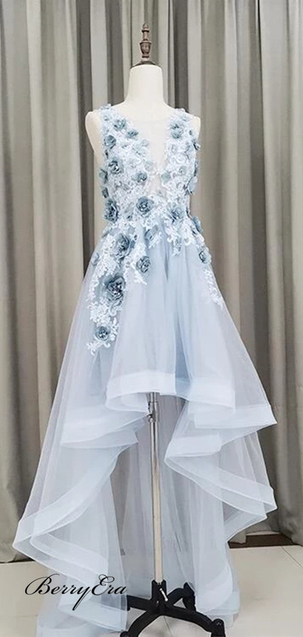 High Low Popular A-line Prom Dresses, Elegant Appliques Prom Dresses 2020
