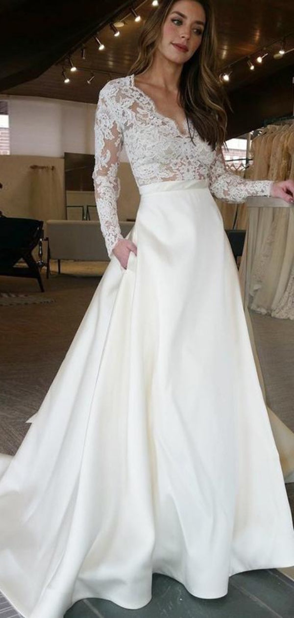 Long Sleeves Lace Wedding Dresses, A-line Wedding Dresses, Elegant Wedding Dresses