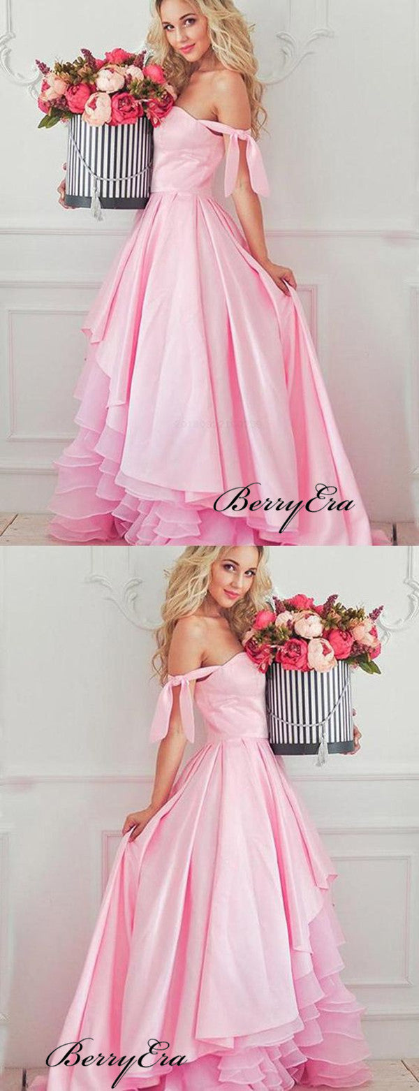 Off Shouler Pink A-line Prom Dresses, Unique Fluffy Design Long Prom Dresses