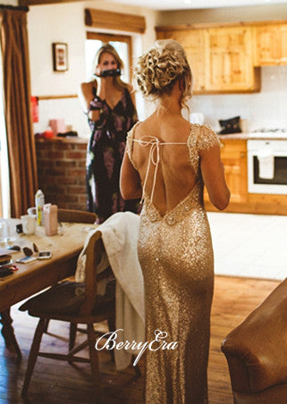 Cap Sleeves Open Back Sequin Sheath Long Bridesmaid  Dresses