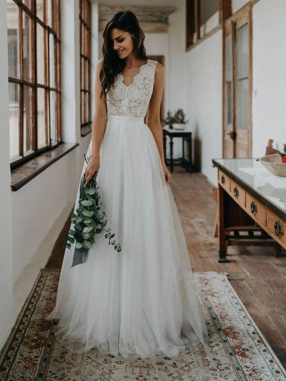 V-neck Long A-line Lace Tulle Wedding Dresses, Long Wedding Dresses, Bridal Gown