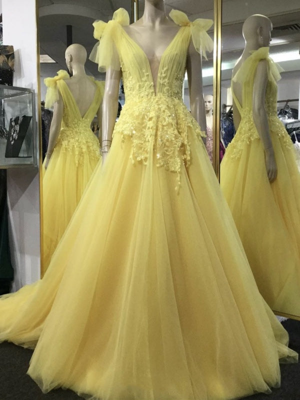 Deep V-neck Long Prom Dresses, Lace Prom Dresses, 2020 Popular Prom Dresses