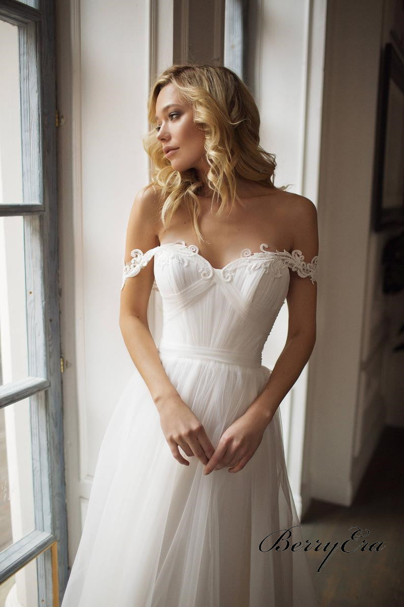 Off Shoulder A-line Appliques Tulle Long Wedding Dresses, Bridal Gown