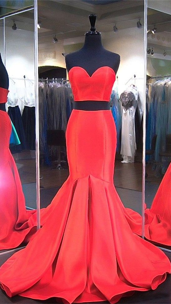 2 Pieces Red Satin Prom Dresses, Mermaid Prom Dresses, Sweetheart Prom Dresses