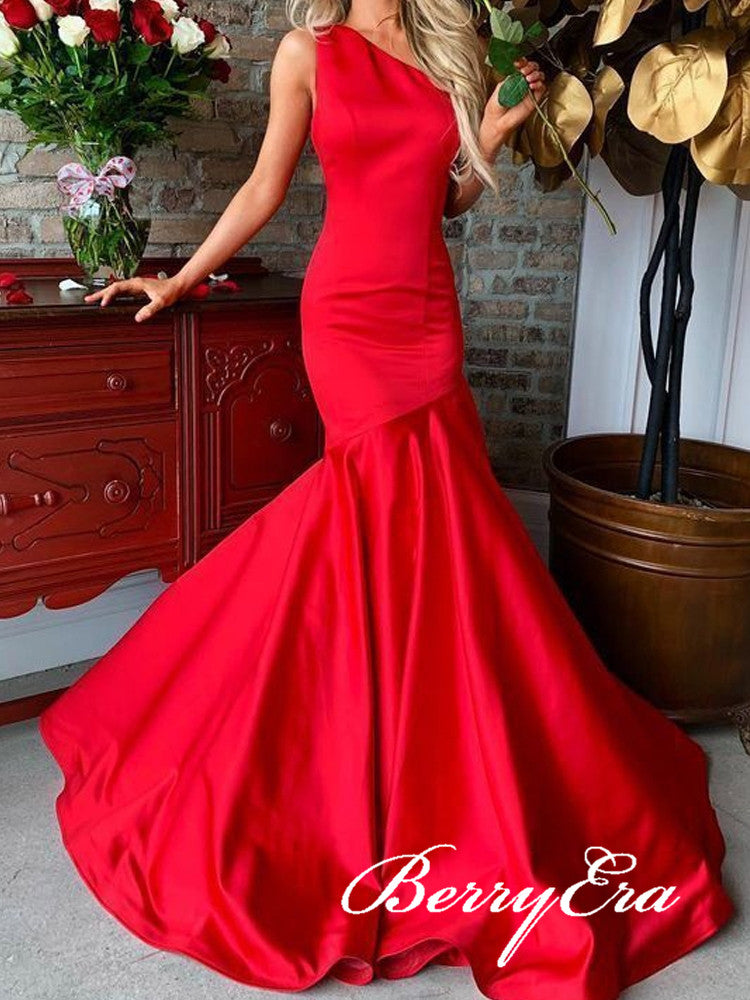 One Shoulder Long Mermaid Red Prom Dresses, Satin Prom Dresses, Long Prom Dresses, Affordable Prom Dresses
