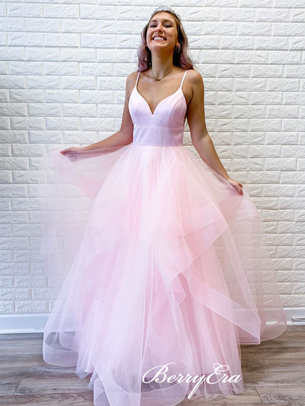 Spaghetti Long A-line Pink Tlle Satin Prom Dresses, Long Prom Dresses, 2020 Prom Dresses