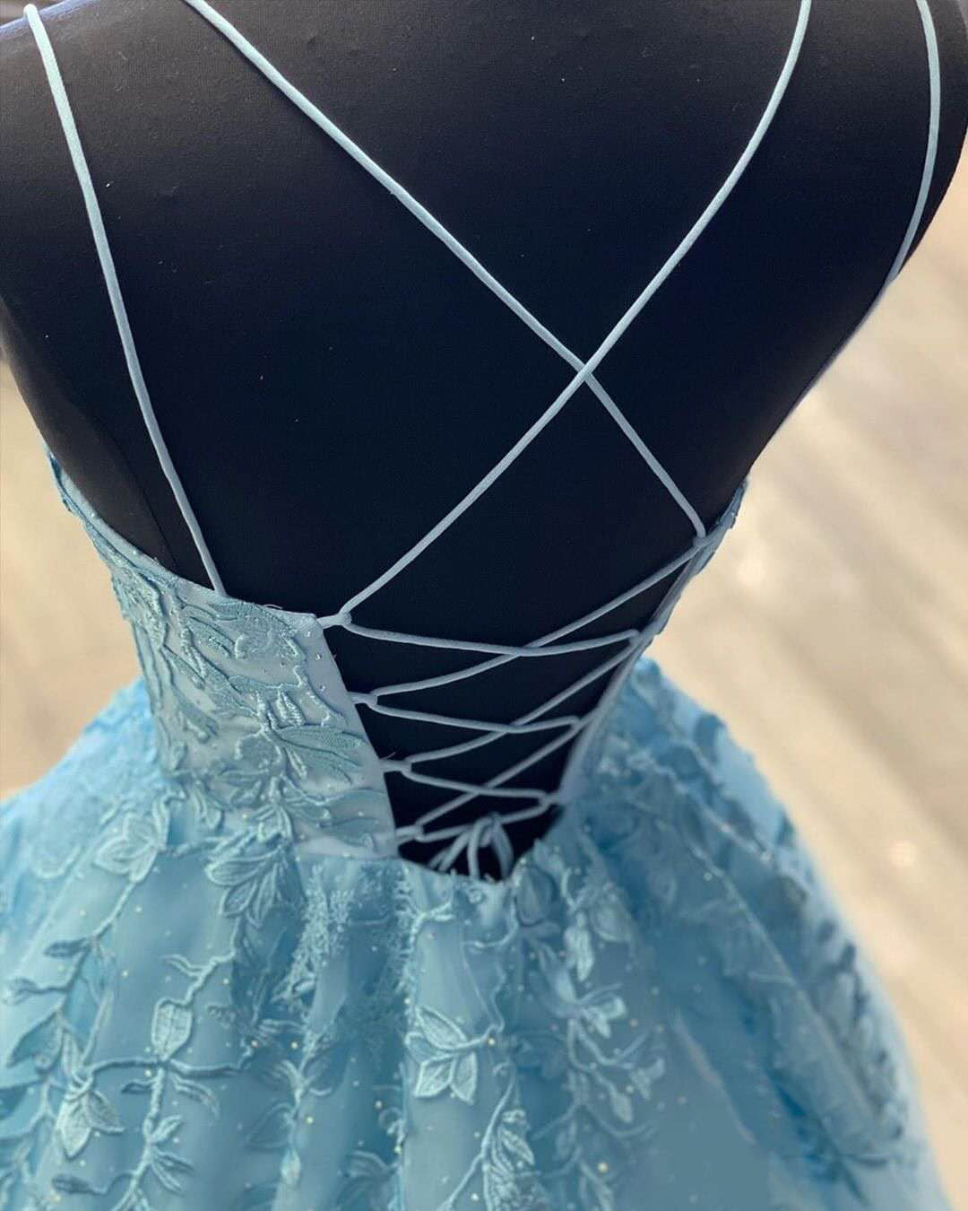 Light Blue Lace Beaded Prom Dresses, Popular Prom Dresses, Cheap Prom Dresses