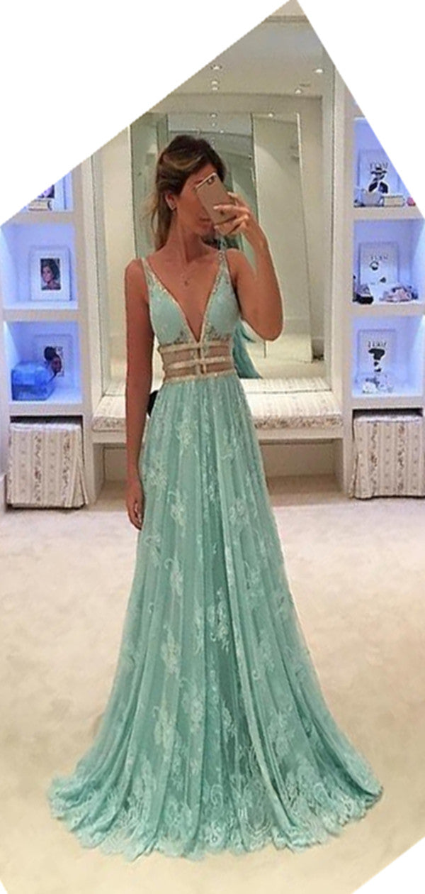 V Neck Sexy Charming 2019 Prom Dress, Lace Beads Tulle Prom Dress