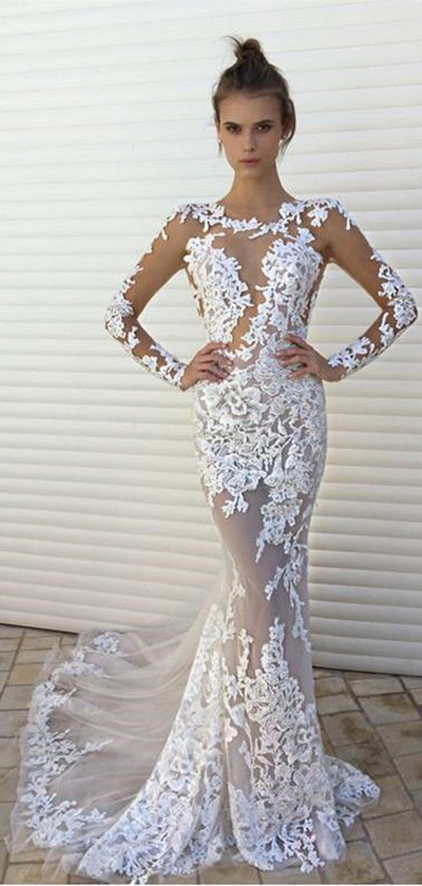 Lace Long Sleeve Long Prom Dress, Mermaid Tulle Evening Dress