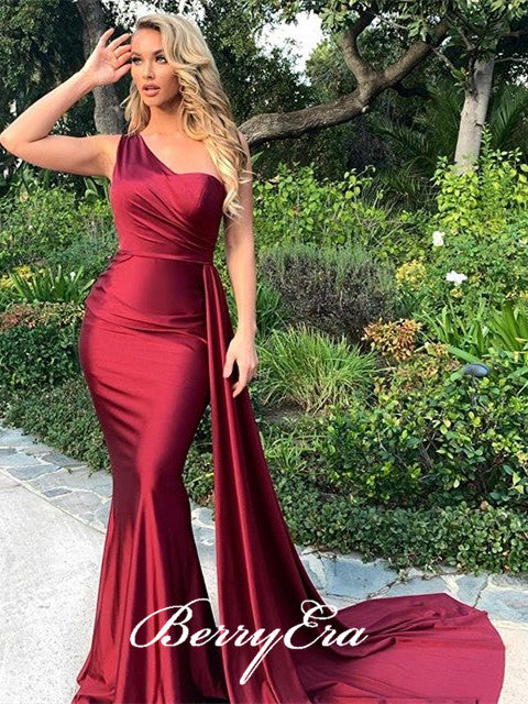 One Shoulder Burgundy Elastic Satin Long Mermaid Prom Dresses