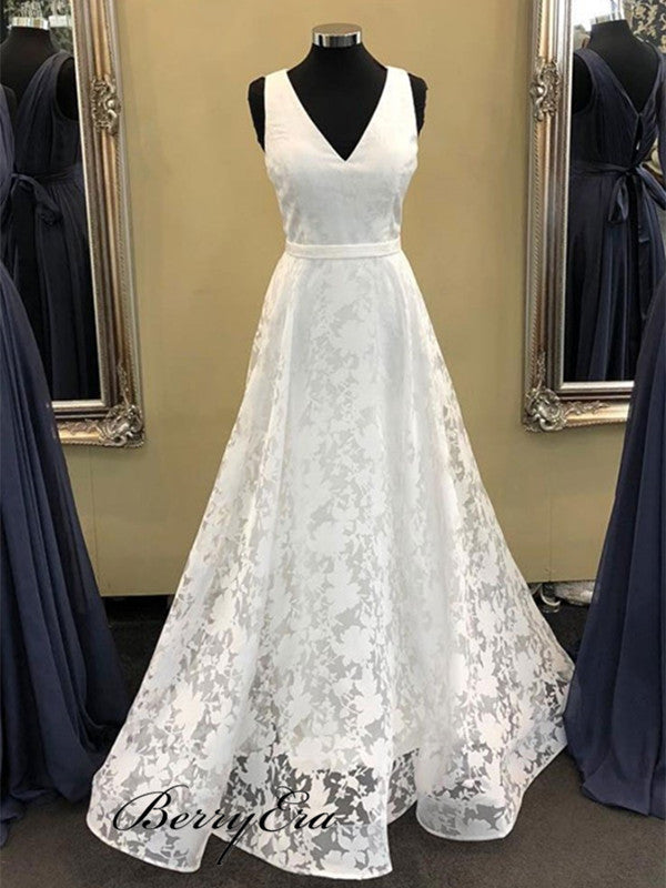 Lace A-line Wedding Dresses, V-neck Wedding Dresses, Elegant Popular Bridal Gowns