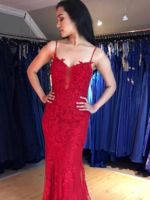 Spaghetti Long Mermaid Red Lace Tulle Prom Dresses, Popular Prom Dresses, 2020 Prom Dresses