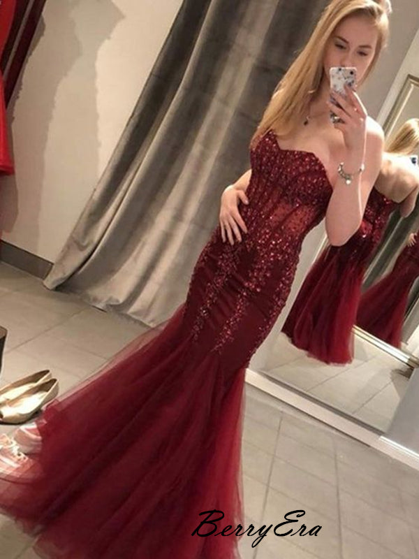 Strapless Mermaid Beaded Sexy Prom Dresses, Long Prom Dresses 2019