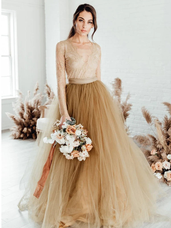 Long Sleeves Lace Wedding Dresses, V-neck Wedding Dresses, A-line Bridal Gowns