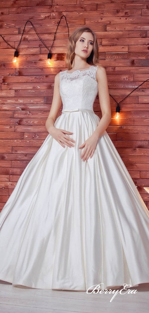 Sleeveless Lace Top A-line Ivory Satin Long Wedding Dresses, Bridal Gown