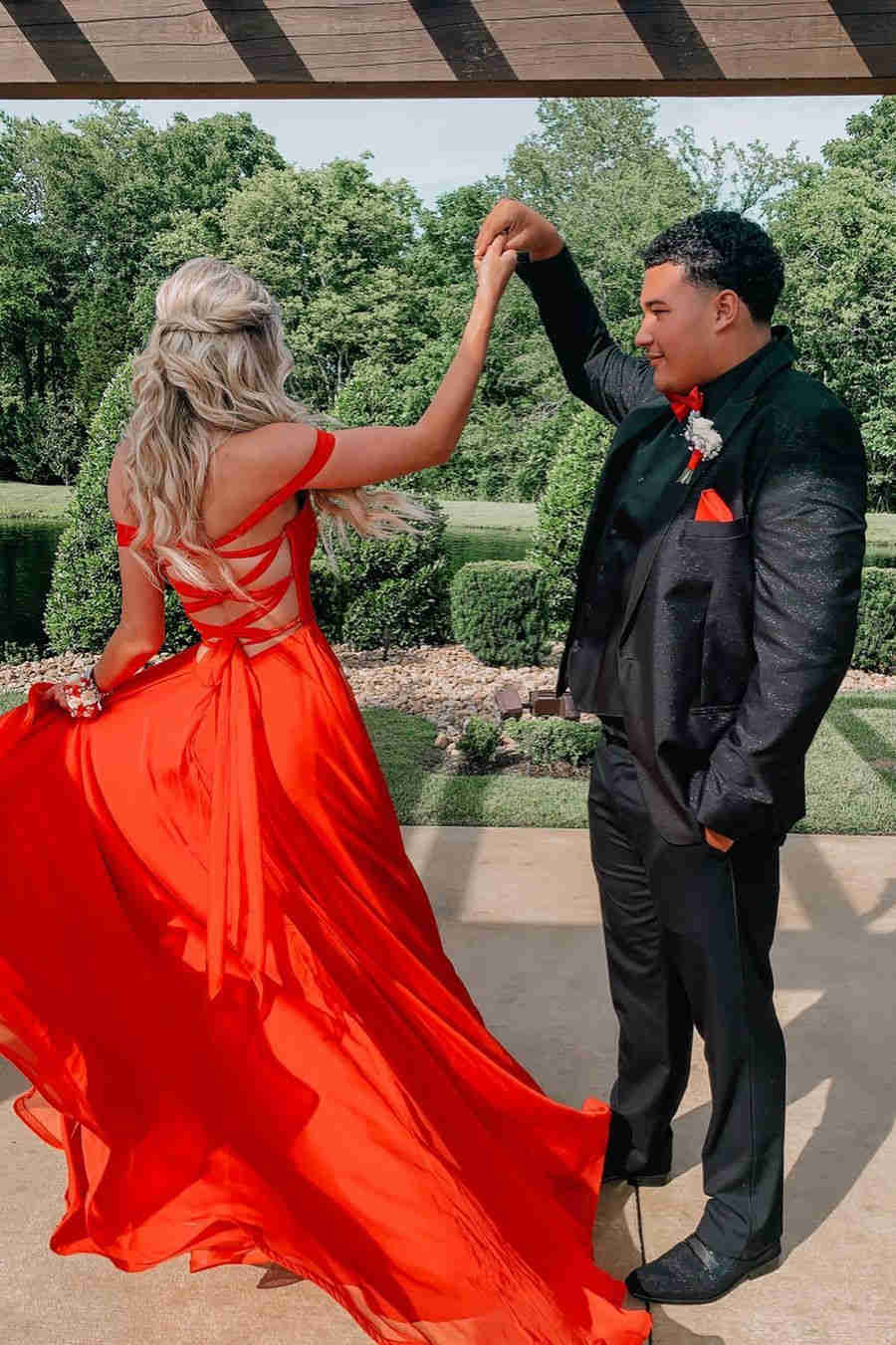 Off The Shoulder Red Chiffon A-line Prom Dresses, 2021 Prom Dresses, Side Slit Prom Dresses