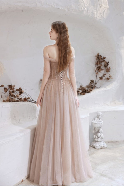 Off Shoulder Nude Champagne Beaded Sequin Prom Dresses, A-line 2021 Prom Dresses