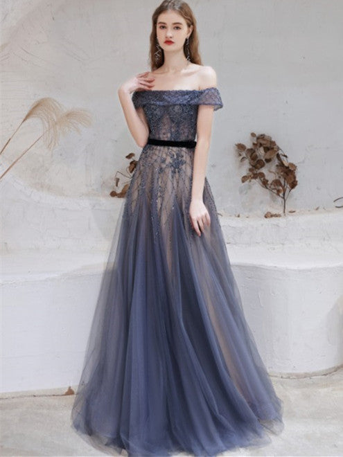 Off Shoulder Dark Grey Tulle Beaded Prom Dresses, A-line Prom Dresses, 2021 Prom Dresses