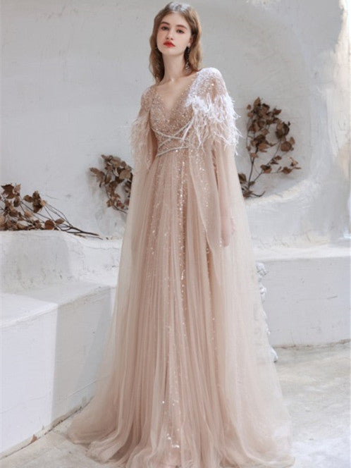 V-neck Champagne Nude Sequin Prom Dresses, 2021 Prom Dresses, A-line Prom Dresses