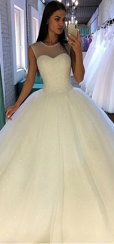 Illusion Ivory Sparkle Wedding Dresses, Sleeveless Long A-line Wedding Dresses, Newest Wedding Dresses