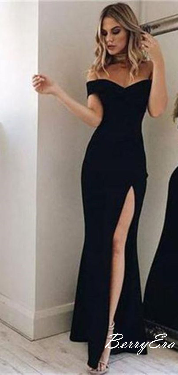 Newest Black High Slit Off Shoulder Cheap Long Custom Design Prom Dresses