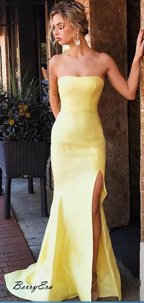 Strapless Bright Yellow Color Prom Dresses, Mermaid Prom Dresses, Prom Dresses