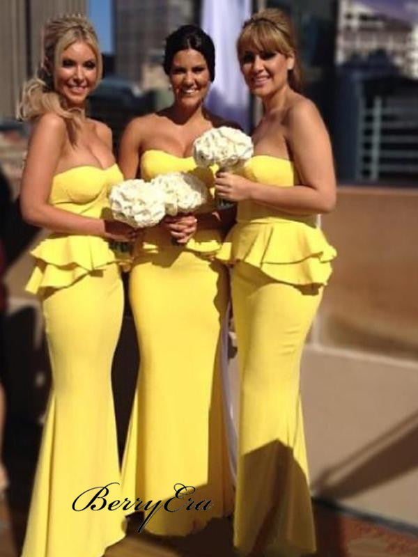 Strapless Mermaid Bridesmaid Dresses, Unique Yellow Mermaid Bridesmaid Dresses
