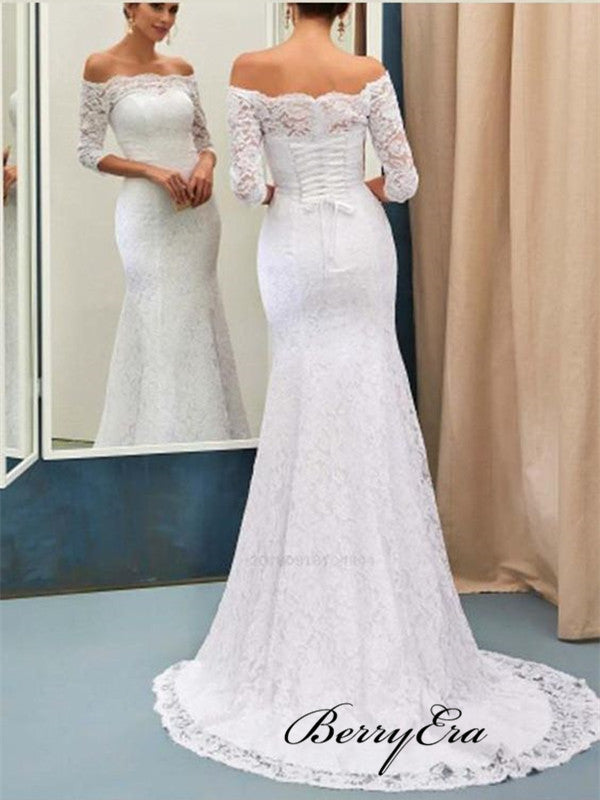 Mid Sleeves Lace Fancy Wedding Dresses, Mermaid Off Shoulder Lace Wedding Dresses