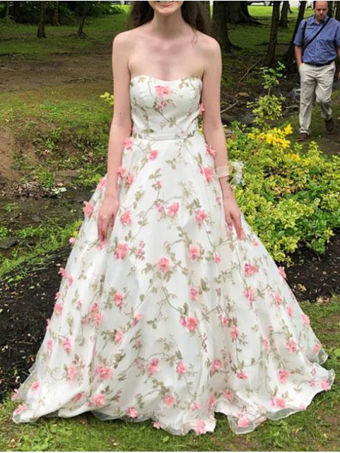 Strapless Floral Long Prom Dresses, A-line Long Prom Dresses, Popular Long Prom Dresses
