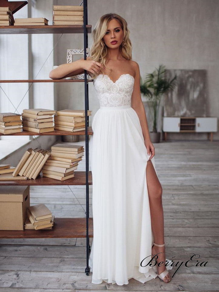 Strapless Lace Top A-line Chiffon Side Slit Simple Elegant Wedding Dresses