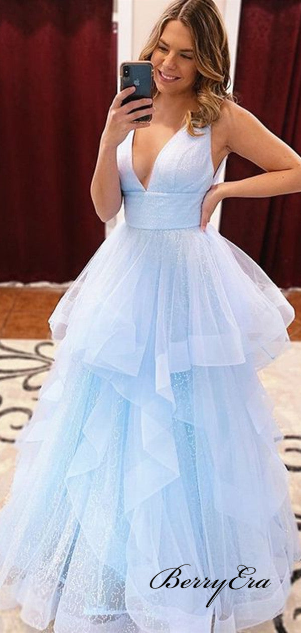 Elegant V-neck A-line Prom Dresses Long, Unique Fluffy 2020 Newest Prom Dresses