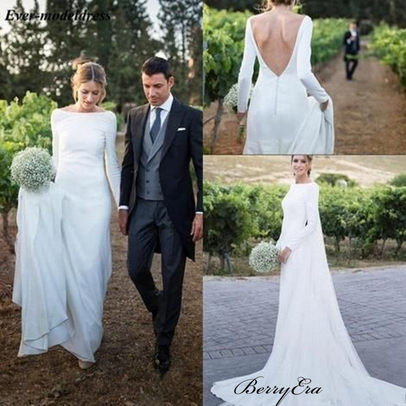 2019 Newest Simple Design Jersey Wedding Dresses, Long Sleeves Wedding Dresses