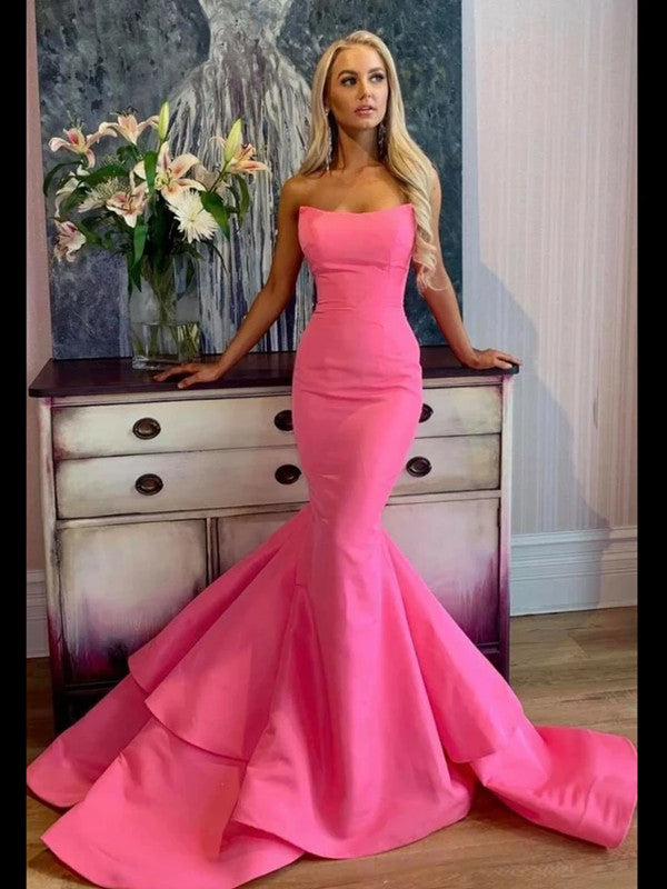 Modest Mermaid Long Prom Dresses, Strapless Prom Dresses, 2020 Prom Dresses