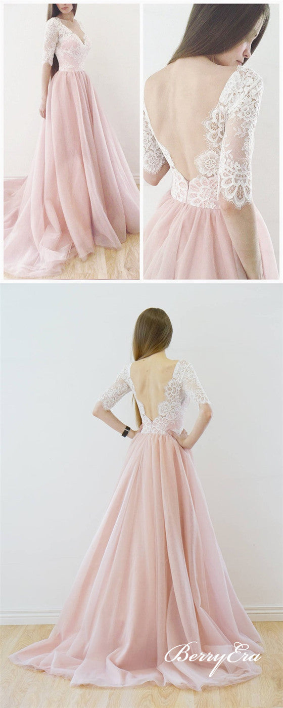 V-neck Half Sleeves Lace Blush Pink Tulle Skirt Long Wedding Dresses
