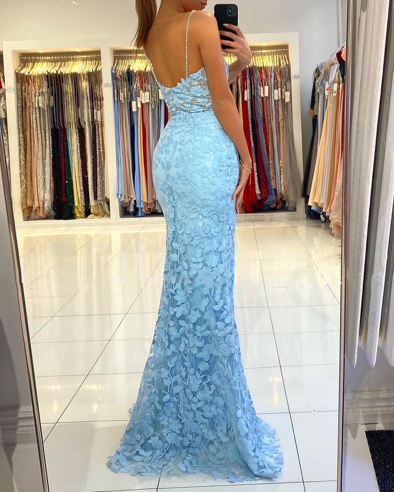 Beaded Straps Lace Mermaid Long Prom Dresses, Popular Elegant Lace 2021 Prom Dresses