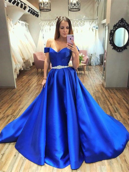 Off Shoulder Royal Blue Satin Prom Dresses, A-line Prom Dresses With B Berryera Off Shoulder Royal Blue Satin Prom Dresses, A-line Prom Dresses With B Berryera