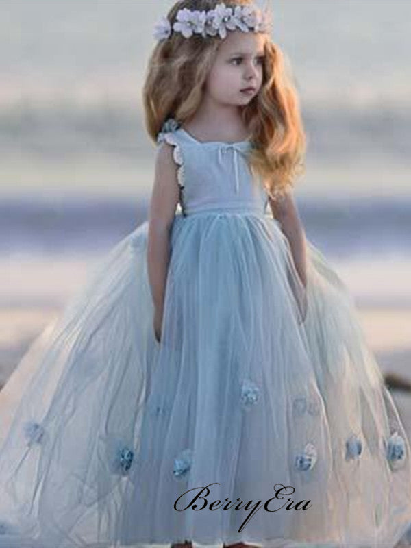 Blue Tulle A-line Little Girl Dresses, Appliques Flower Girl Dresses
