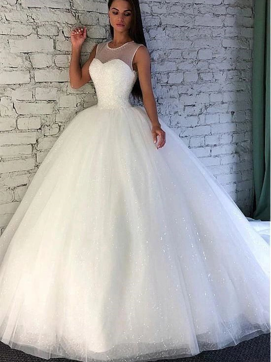 Illusion Ivory Sparkle Wedding Dresses, Sleeveless Long A-line Wedding Dresses, Newest Wedding Dresses