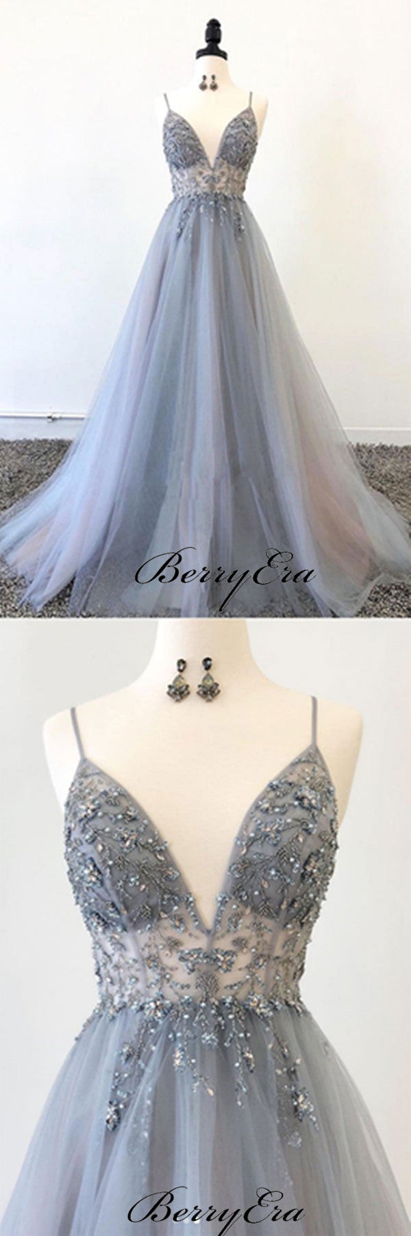 Spaghetti Straps A-line Tulle Prom Dresses, V-neck Fancy Beaded Long Prom Dresses